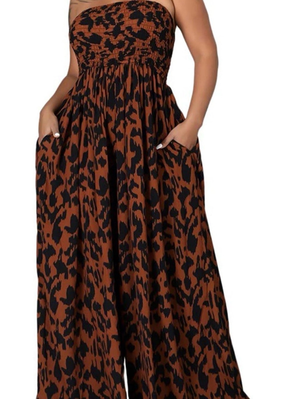 Strapless Brown & Black Animal Print Jumpsuit